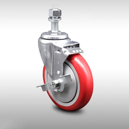Service Caster 5 Inch SS Red Polyurethane Wheel Swivel 1/2 Inch Threaded Stem Caster with Brake SCC-SSTS20S514-PPUB-RED-TLB-121315